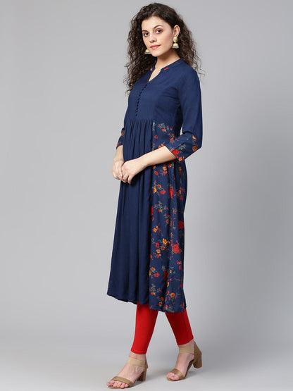 Women's Navy Blue & Red Floral Print Detail A-Line Kurta