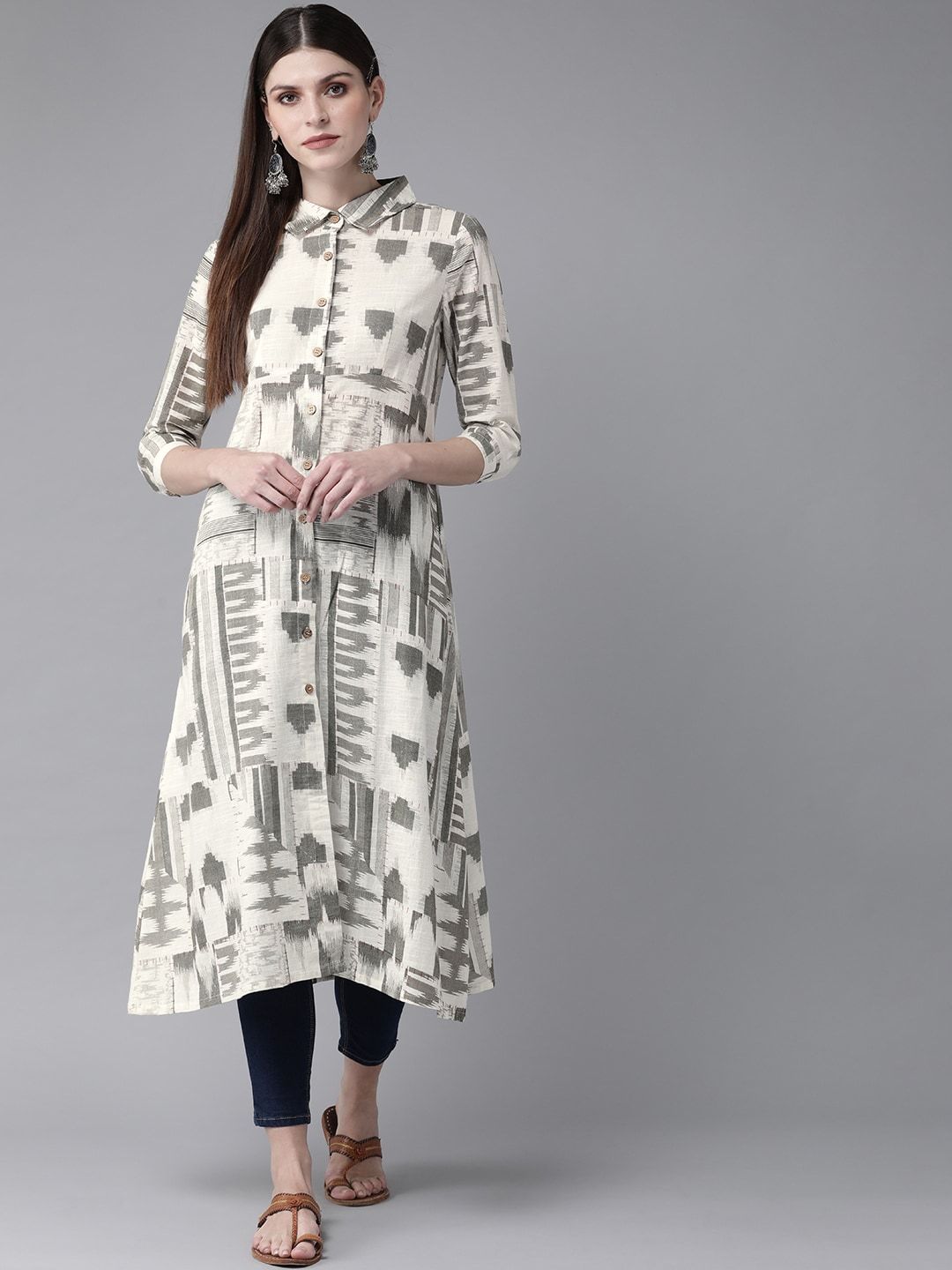 Women's  Off-White & Olive Green Printed A-Line Kurta