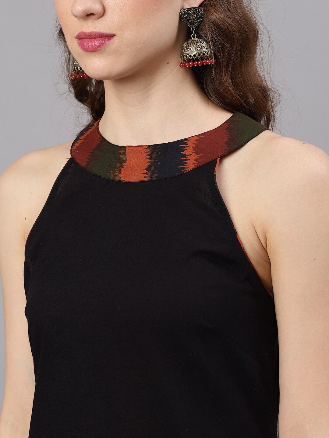Women's  Black & Orange Colourblocked Kurta with Sharara & Dupatta