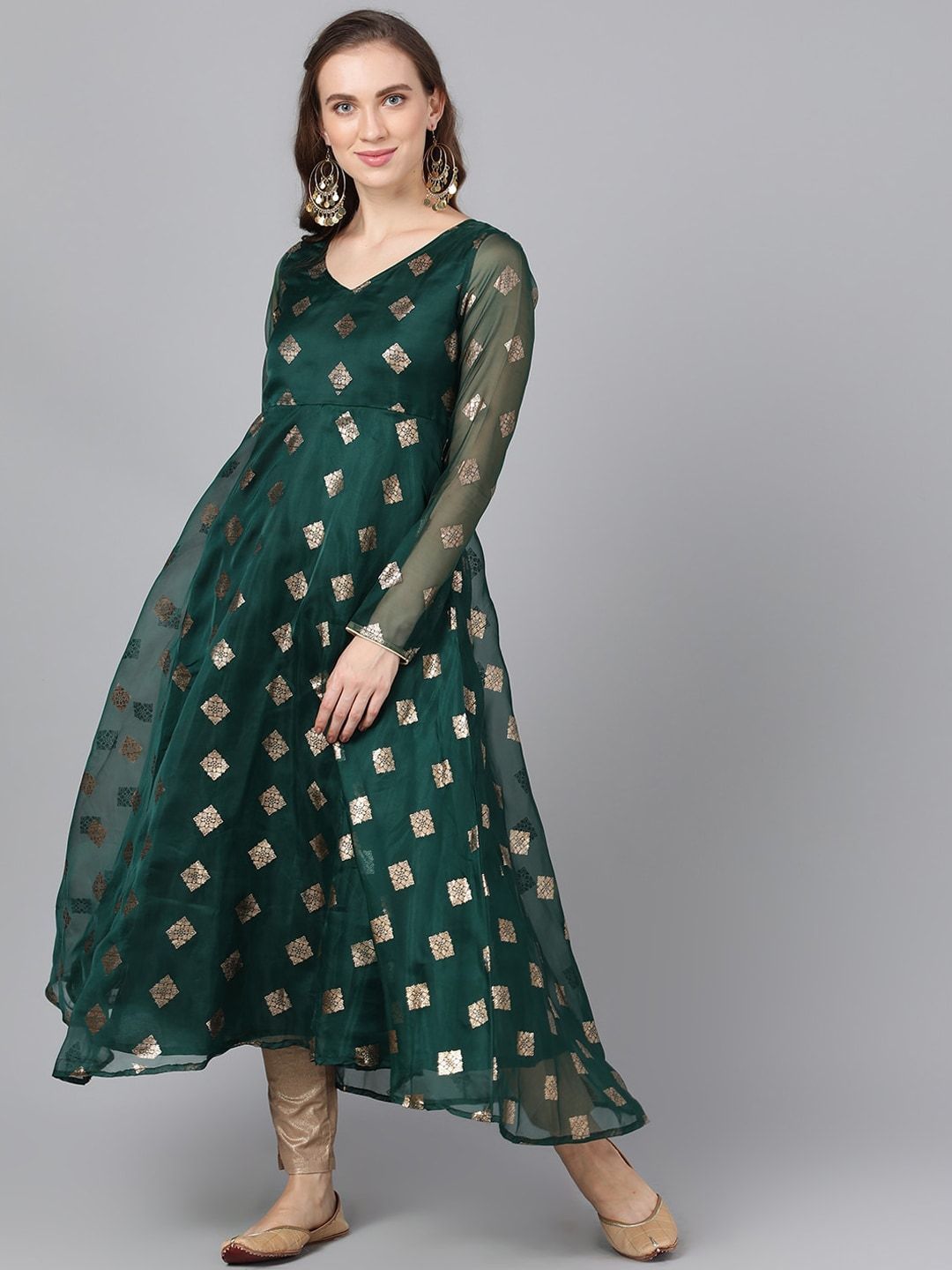 Women's  Green & Gold-Toned Woven Design Anarkali Kurta