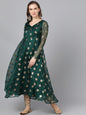 Women's  Green & Gold-Toned Woven Design Anarkali Kurta
