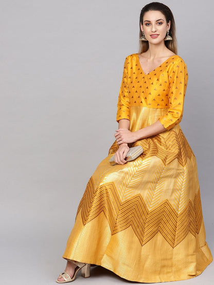 Women's  Mustard Yellow & Golden Jacquard Patterned Brocade Maxi Dress