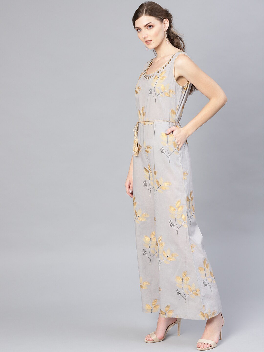 Women's  Grey & Golden Printed Basic Jumpsuit
