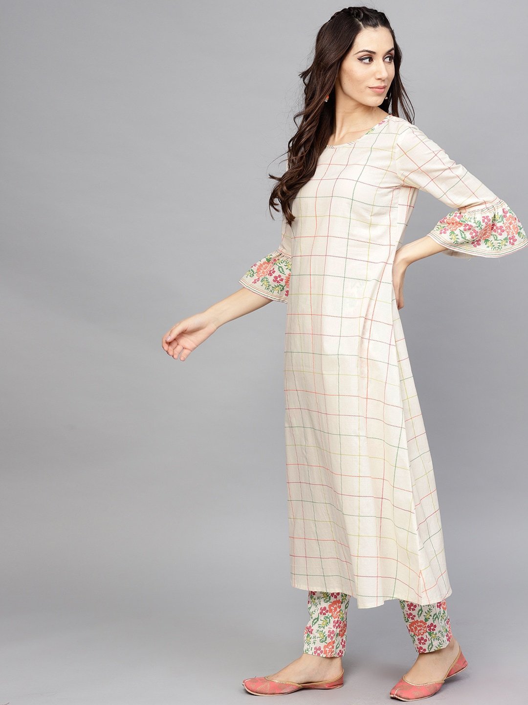 Women's  Off-White Checked A-Line Kurta