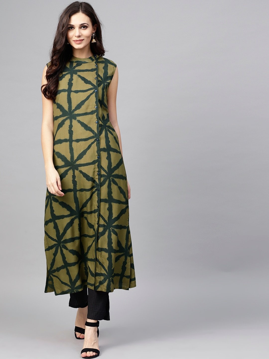 Women's  Olive Green Printed Sleeveless Straight Kurta