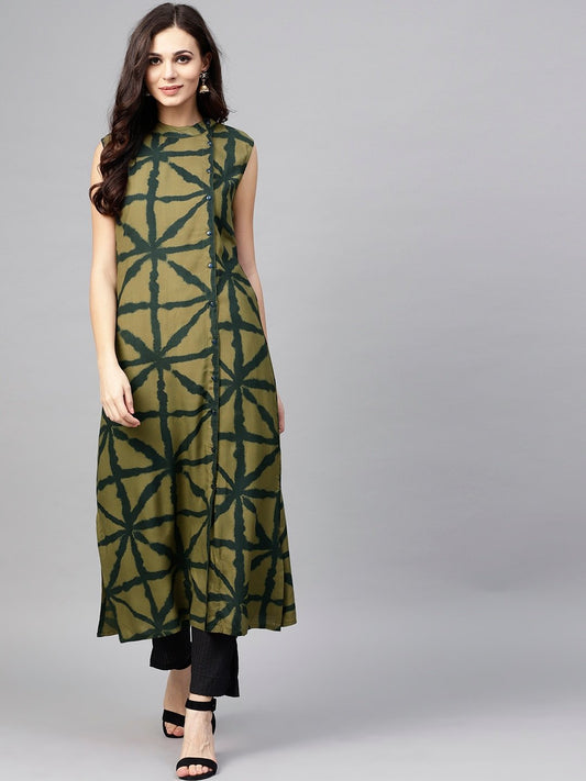 Women's  Olive Green Printed Sleeveless Straight Kurta