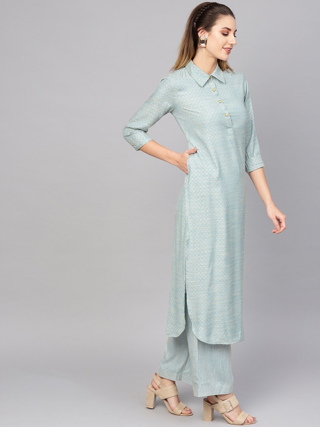 Women's  Blue & Golden Self Design Pathani Kurta