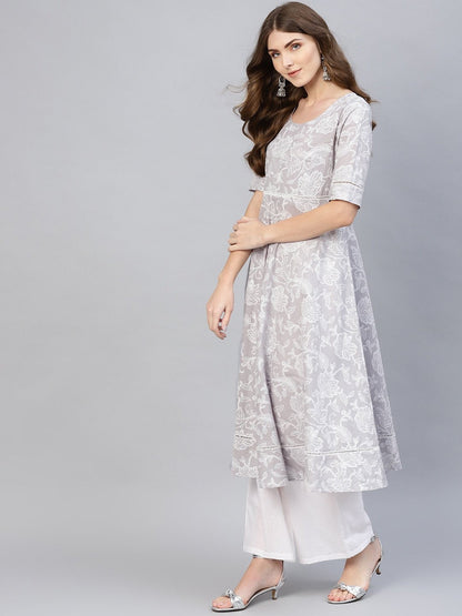 Women's  Grey & White Floral Khari Print A-Line Kurta