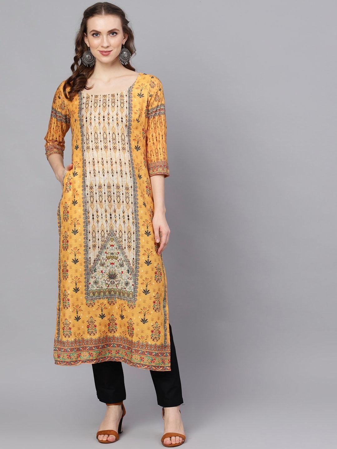 Women's  Yellow & Green Printed Straight Kurta