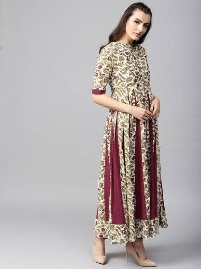 Women's  Beige & Maroon Printed Anarkali Kurta