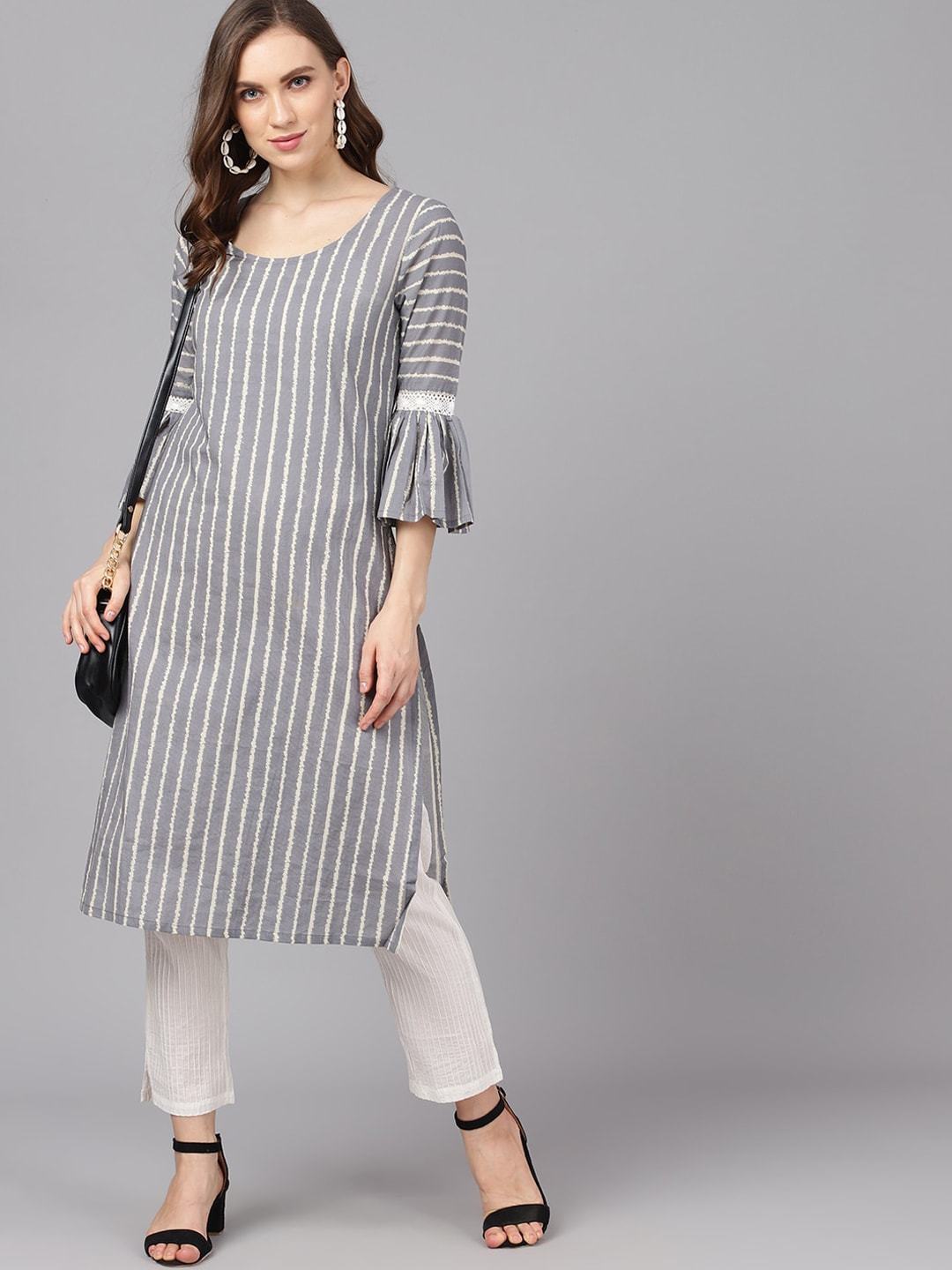 Women's  Grey & White Striped Straight Kurta