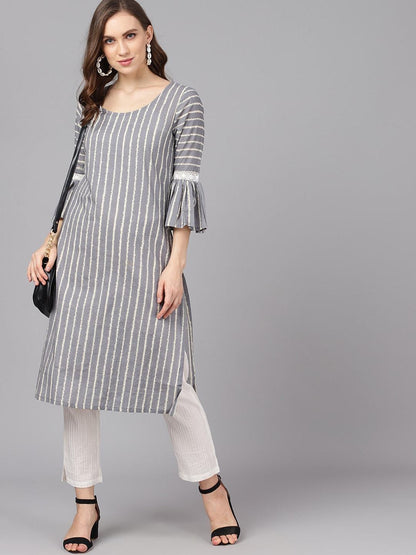 Women's  Grey & White Striped Straight Kurta