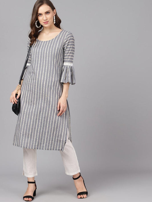 Women's  Grey & White Striped Straight Kurta