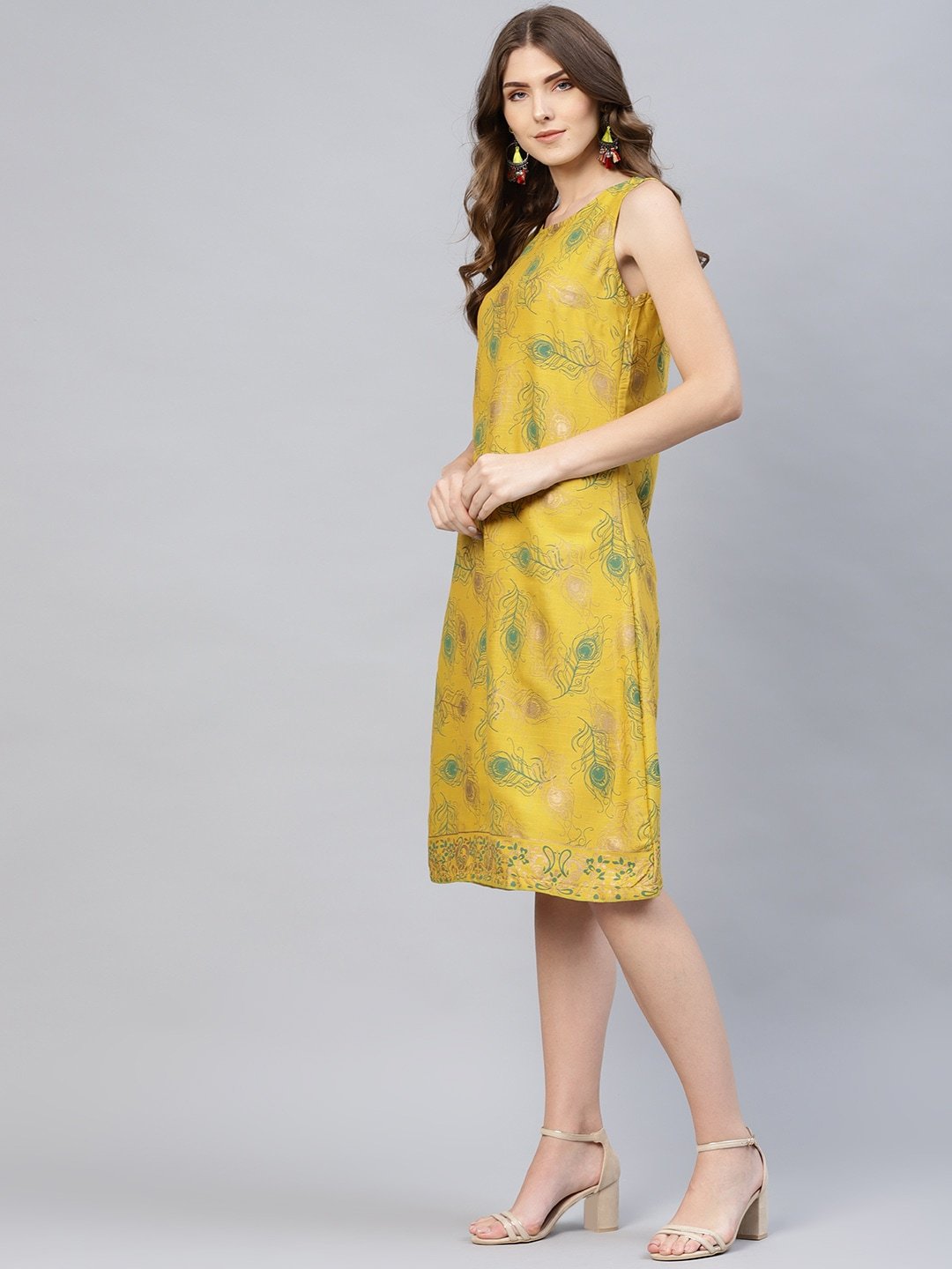 Women's  Mustard Yellow & Green Printed A-Line Dress