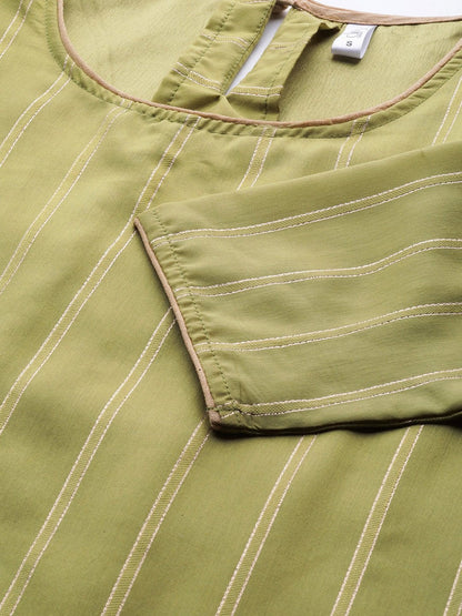 Women's  Olive Green & Golden Striped Kurta with Palazzos & Dupatta