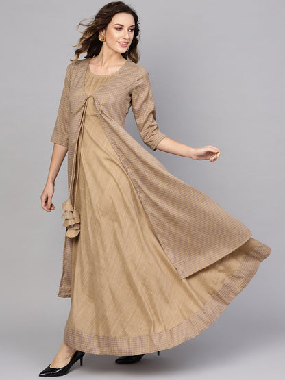 Women's  Beige & Blue Checked Maxi Dress