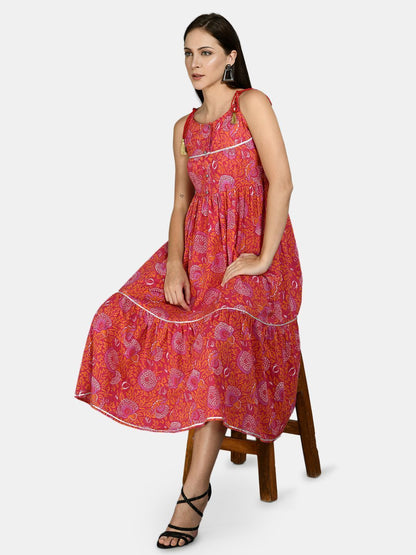 Women's Pink Cotton Printed Sleeveless Round Neck Casual Dress