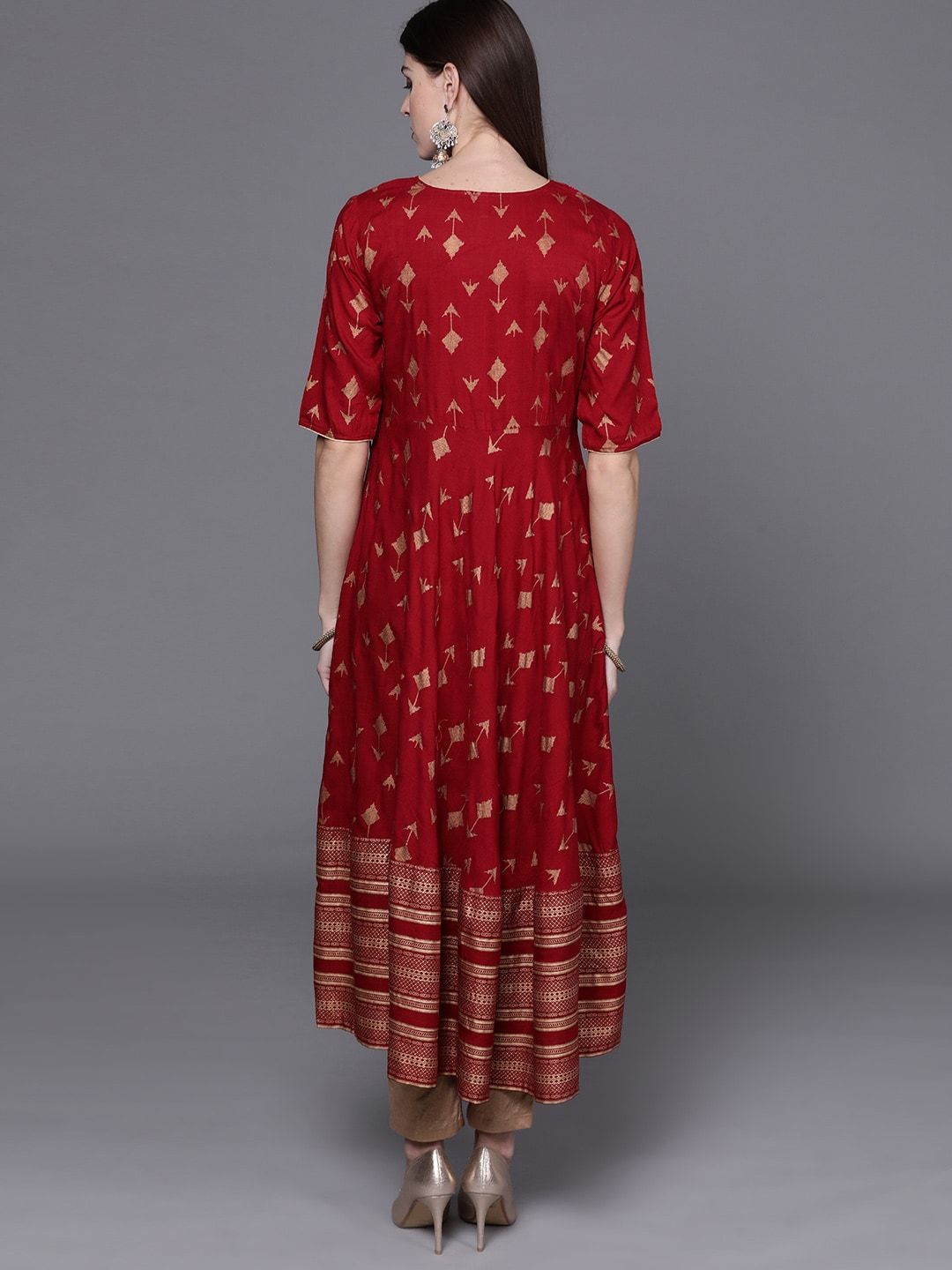 Women's  Maroon & Golden Screen Print Angrakha Anarkali Kurta
