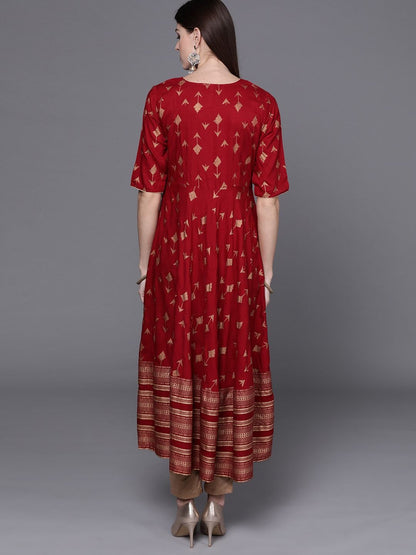 Women's  Maroon & Golden Screen Print Angrakha Anarkali Kurta