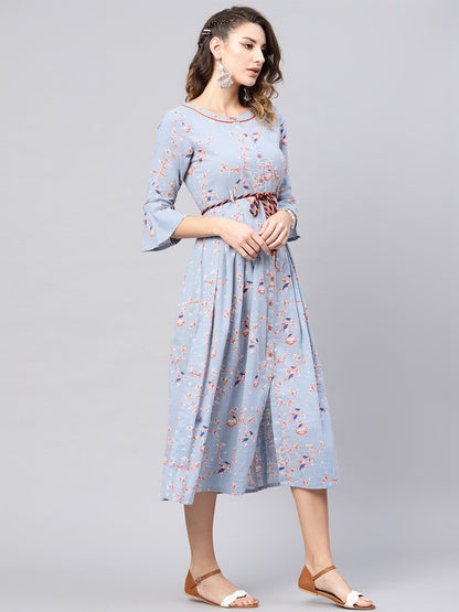 Women's  Blue & Orange Quirky Printed A-Line Dress