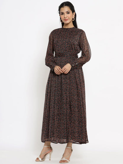 Women's Black Alphin Chiffon Flared Printed Dress With Tie-up Blet2
