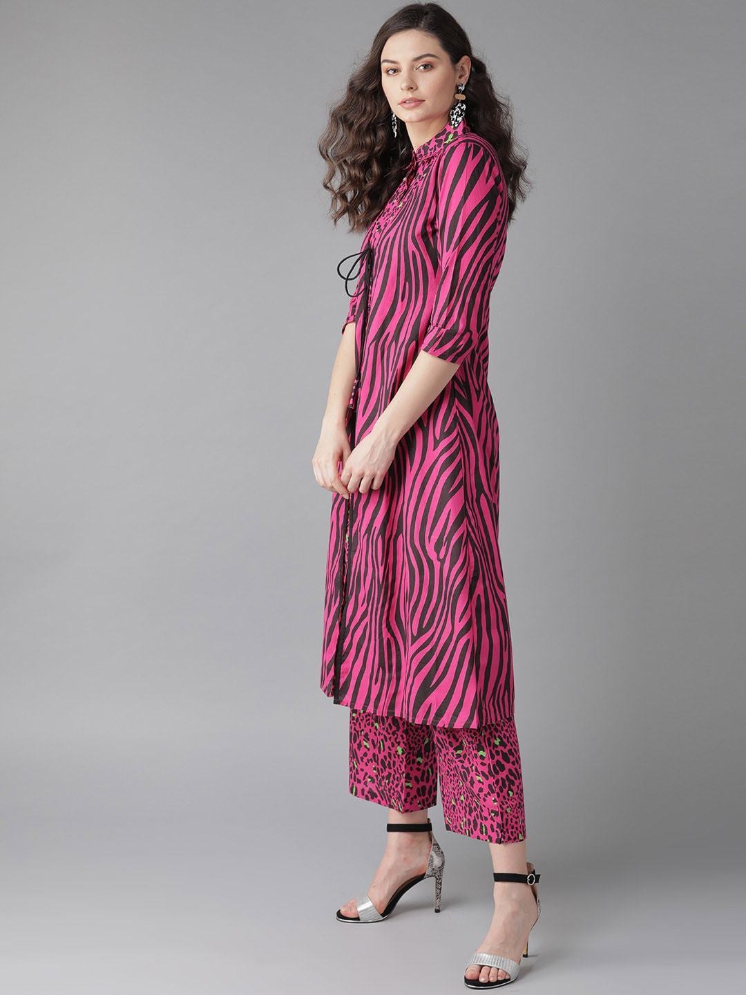 Women's  Pink & Black Animal Print Layered Kurta with Palazzos