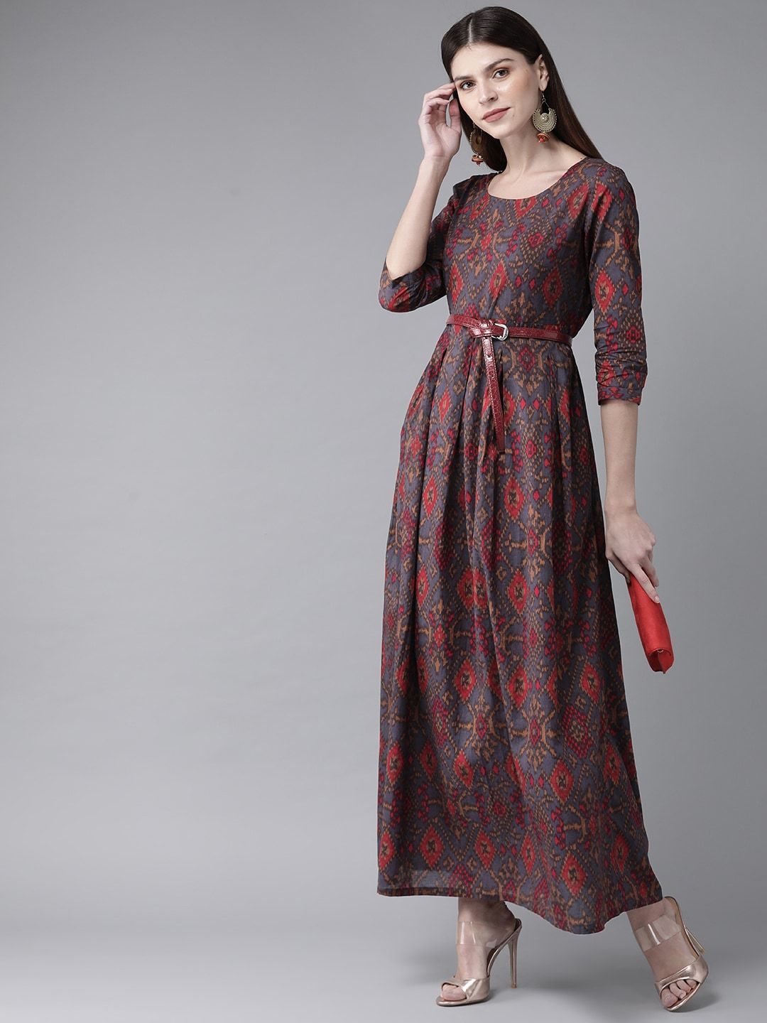 Women's  Grey & Red Printed Maxi Dress
