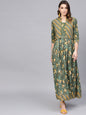 Women's  Green & Yellow Floral Printed Maxi Dress with Ethnic Jacket