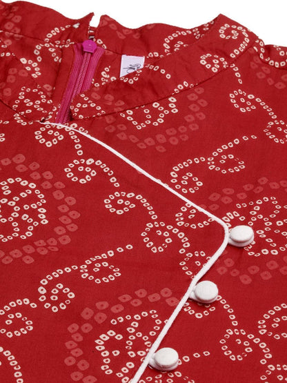 Women's  Red & White Embellished A-Line Kurta