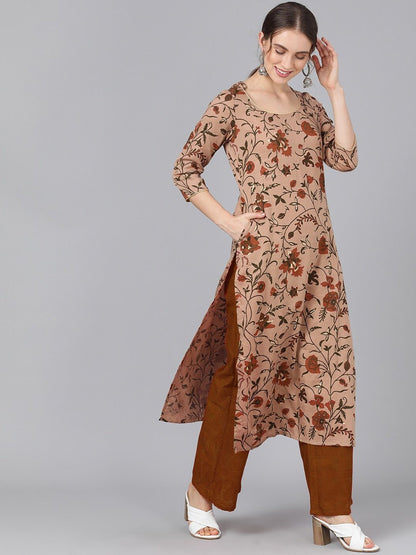 Women's  Brown & Red Floral Printed Straight Kurta