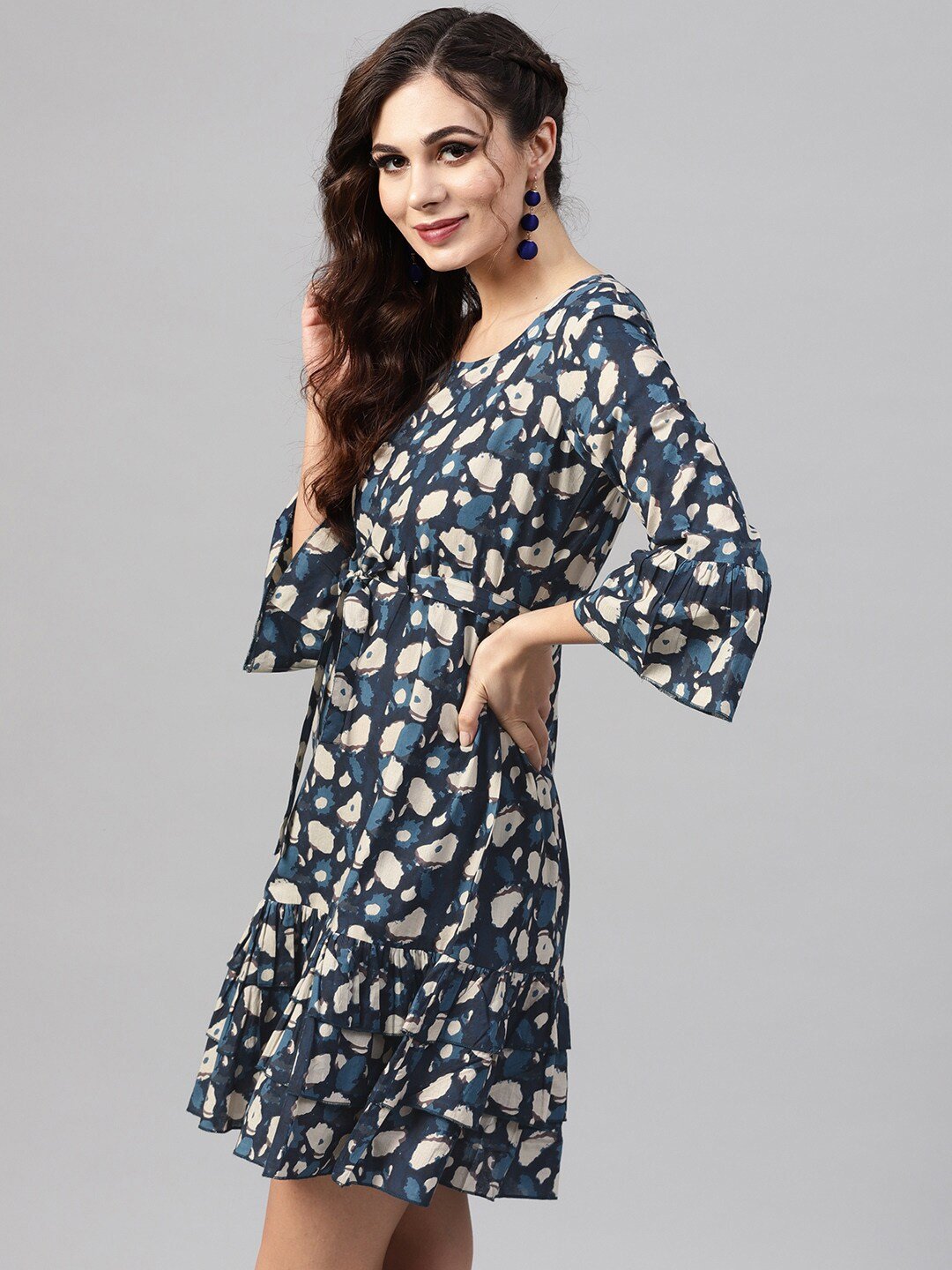 Women's  Blue Printed Drop-Waist Dress