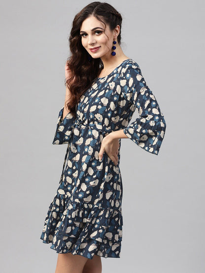 Women's  Blue Printed Drop-Waist Dress