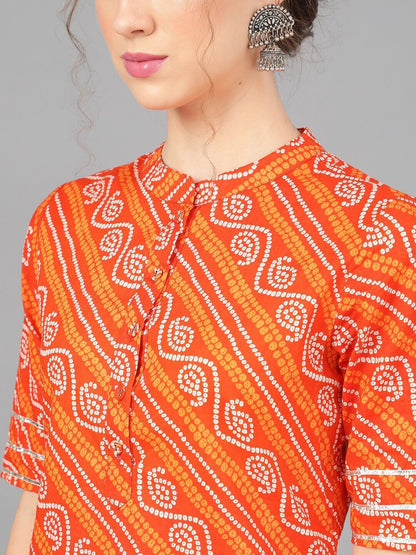 Women's  Orange & White Printed A-Line Kurta