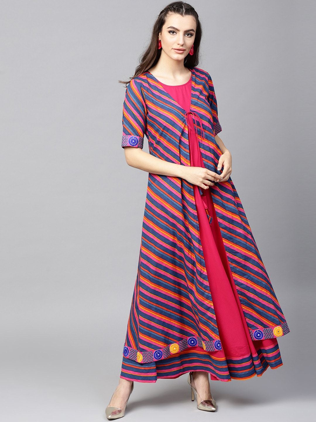 Women's  Blue & Magenta Leheriya Print Layered Anarkali Kurta