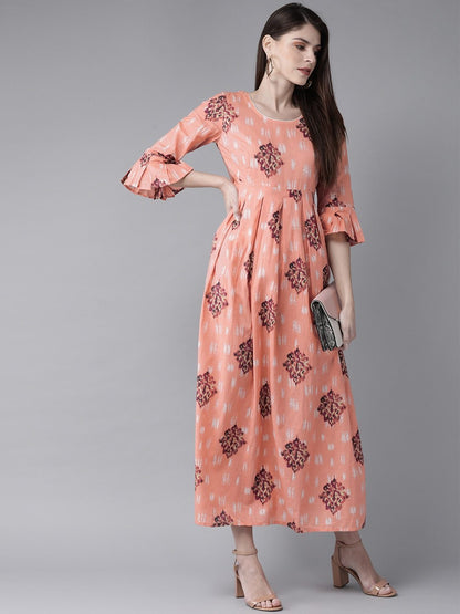 Women's  Peach-Coloured & Purple Printed Maxi Dress