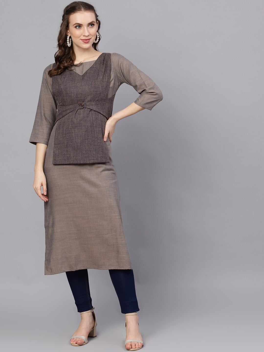 Women's  Grey & Blue Yoke Design A-Line Kurta