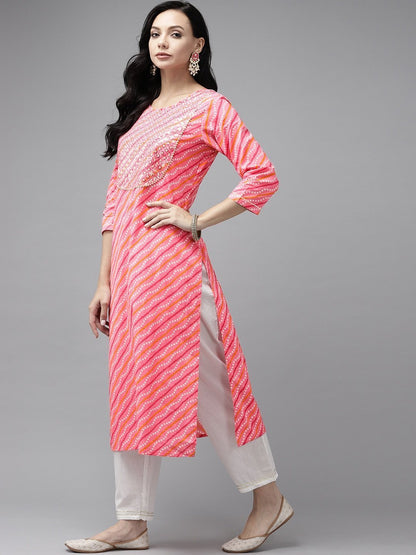 Women's Pink Bandhani Yoke Design Kurta Set