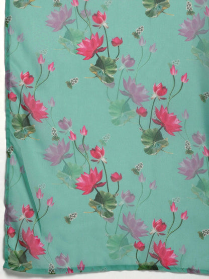 Women's Green Floral Print Saree With Blouse Piece