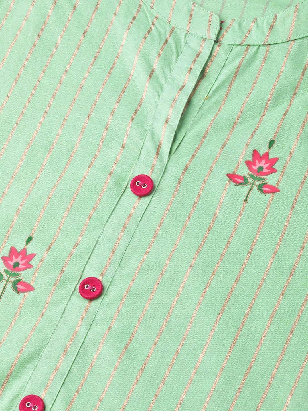 Women's Green & Golden Striped Straight Kurta
