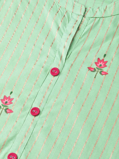 Women's Green & Golden Striped Straight Kurta