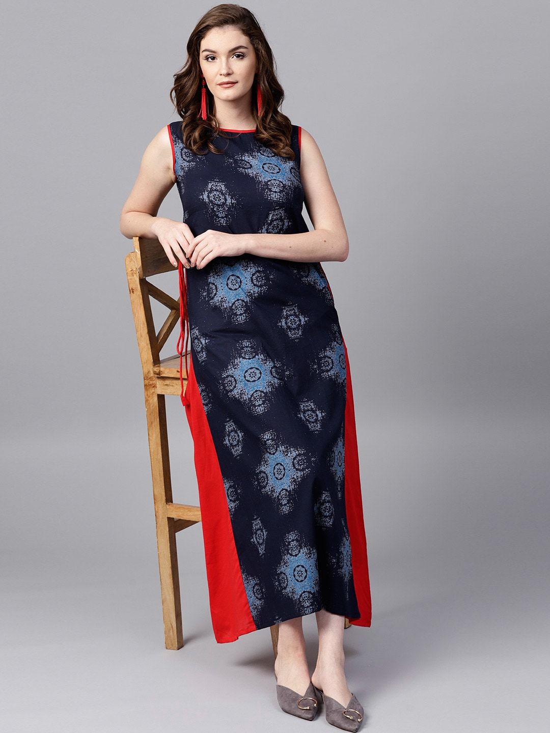 Women's  Navy Blue & Red Printed Maxi Dress