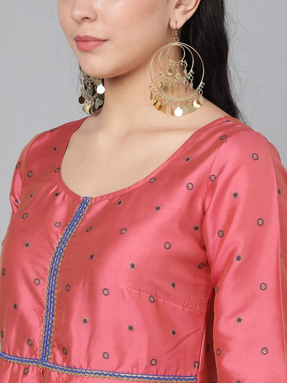 Women's  Pink Embroidered Layered Ethnic Maxi Dress