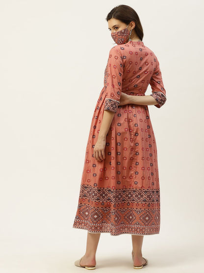 Women's Mexican Printed Flared Kurta Dress With Mask