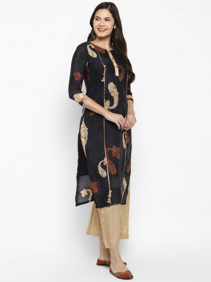 Women's Blue Color Chanderi Silk Straight Digital Printed Kurta Palazzo Set