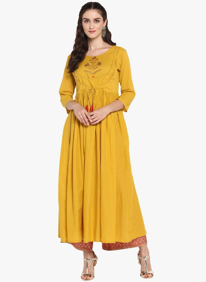 Women's Mustard Embroidered A Line Kurta