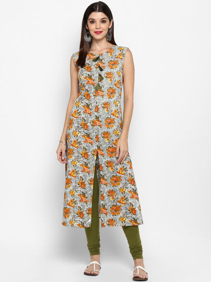 Women's Mustard & Grey Floral Printed Kurta By Vbuyz- (