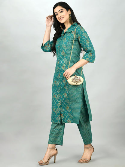 Women's Green Cotton Printed 3/4 Sleeve Shirt Coller Casual Kurta Pant Set