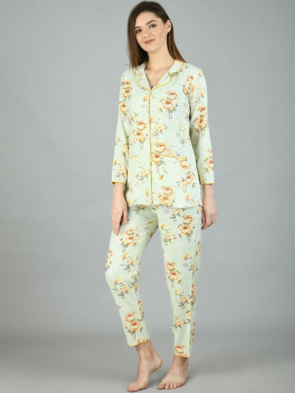 Women's Light Green Cotton Printed Full Sleeve Shirt Collar Casual Shirt Pyjama Set
