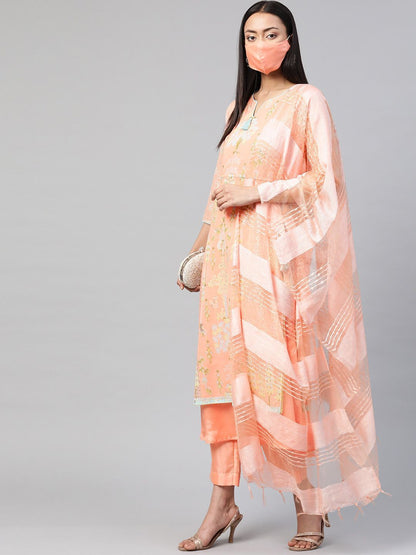 Women's Orange Printed Layered Kurta Pant & Dupatta Set with Mask