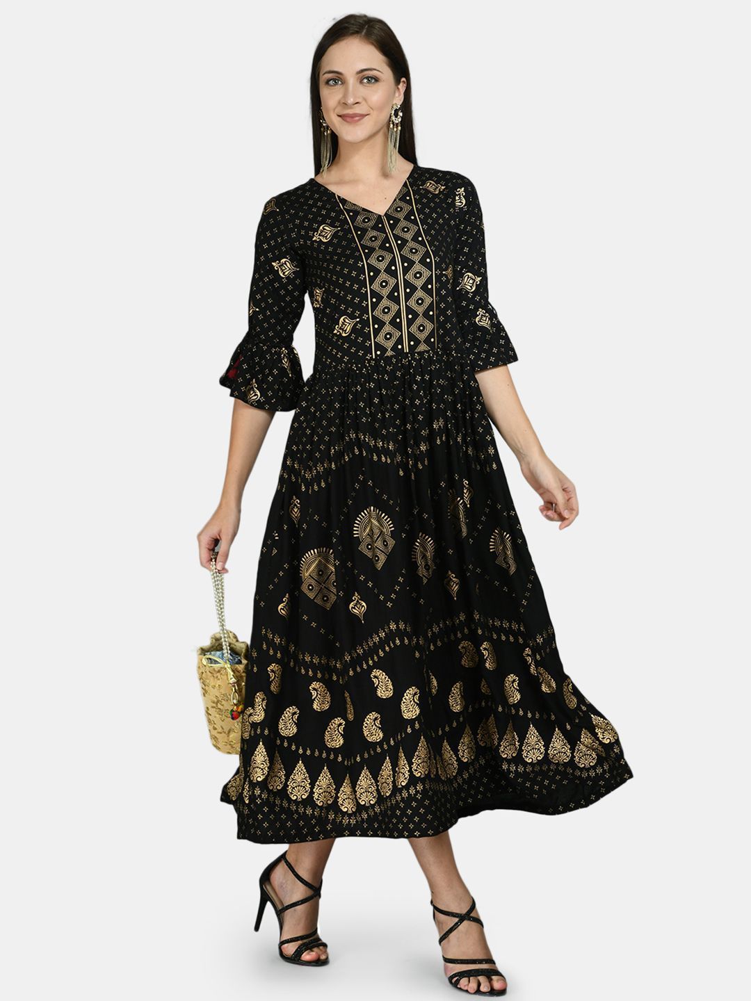 Women's Black Rayon Printed 3/4 Sleeve V Neck Casual Dress